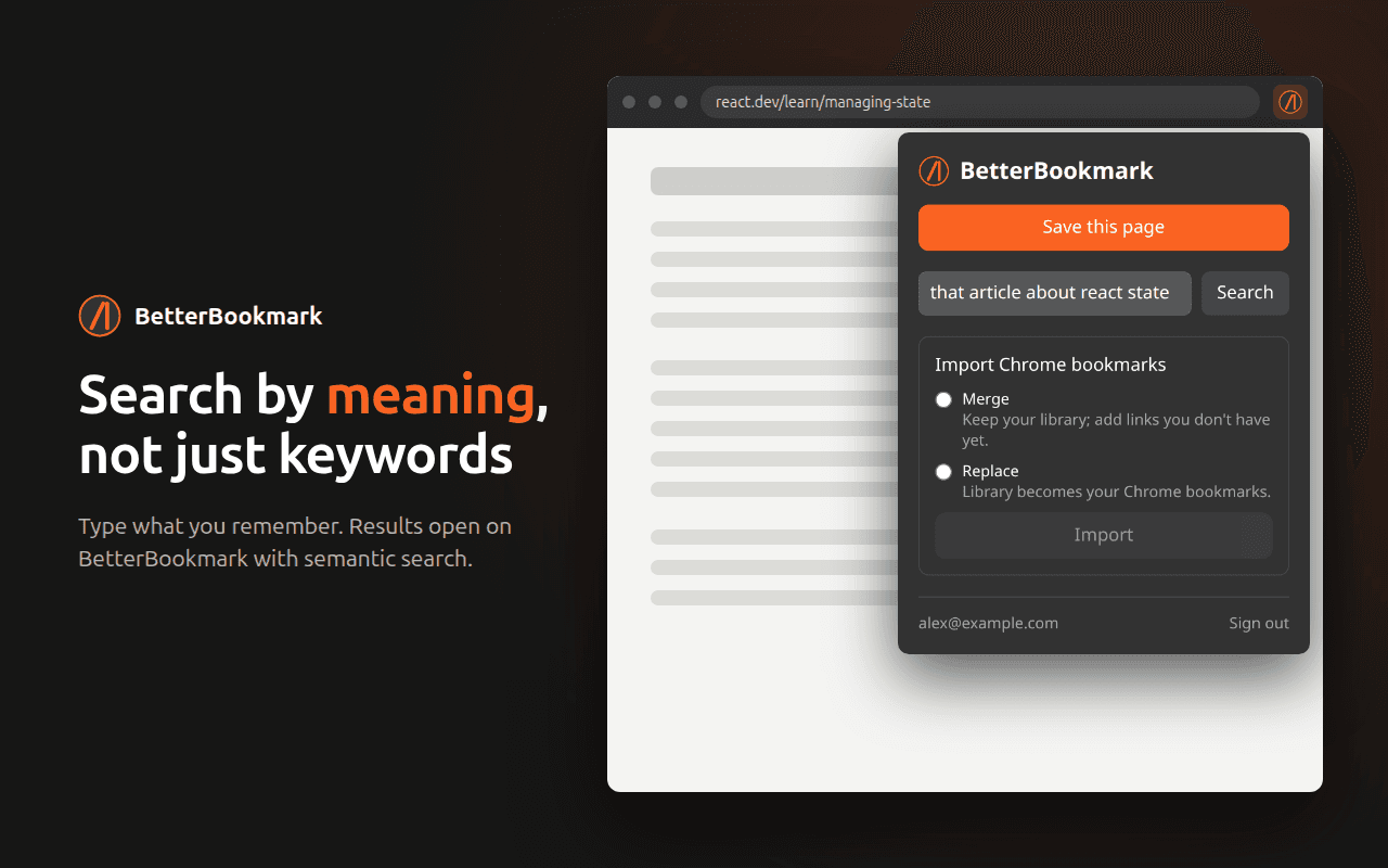 BetterBookmark extension popup with a search for “that article about react state”